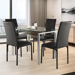 4 seater dining rectangle glass table with black chairs