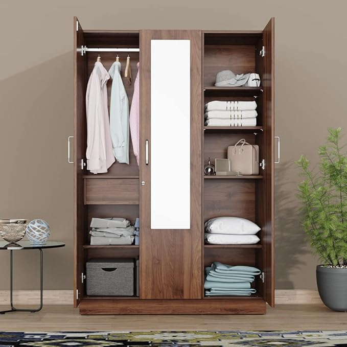 Wood Almirah, Cupboard for Clothes Storage | 3 Door with mirror